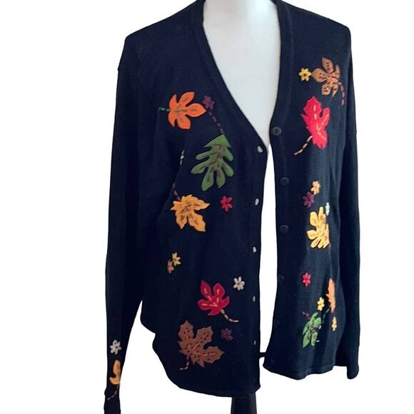 Vintage Sweaters - VTG 90s Black Felted Fall Autumn Leaves Nature Button Cardigan Sweater Large